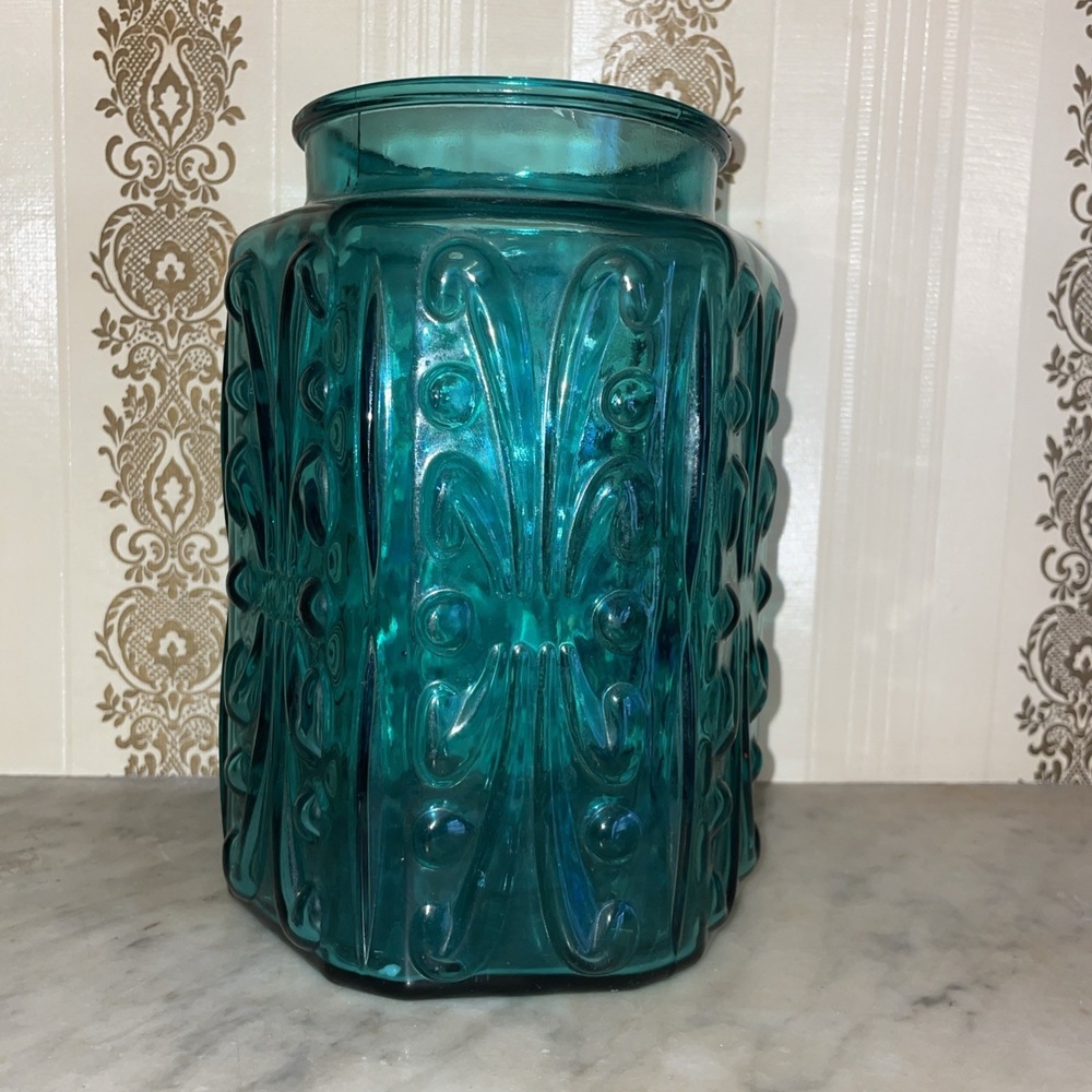 Vintage LE Smith Imperial Atterbury Scroll Canister‎ Jar Teal Glass Apothecary